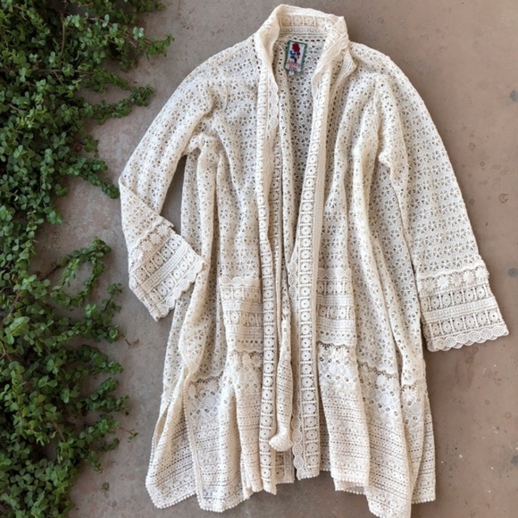 Johnny Was Sweaters - Johnny Was Cream Lace Crochet Long Cardigan Duster